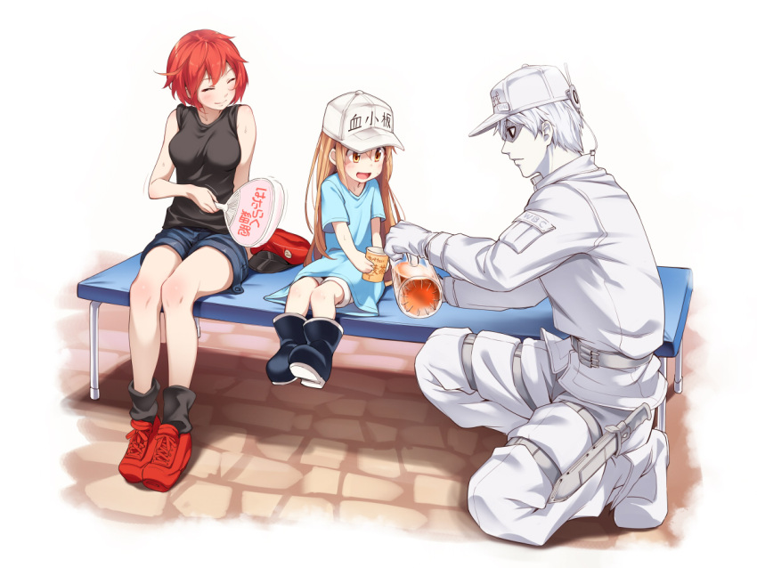 1boy, 2girls, :d, ^_^, asutora, bare_arms, bare_shoulders, baseball_cap
