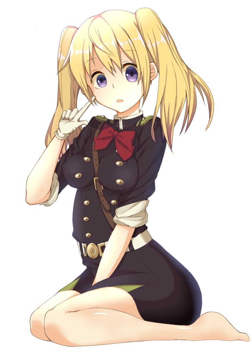 1girl, barefoot, between_legs, black_dress, blonde_hair, bow, bowtie, dress