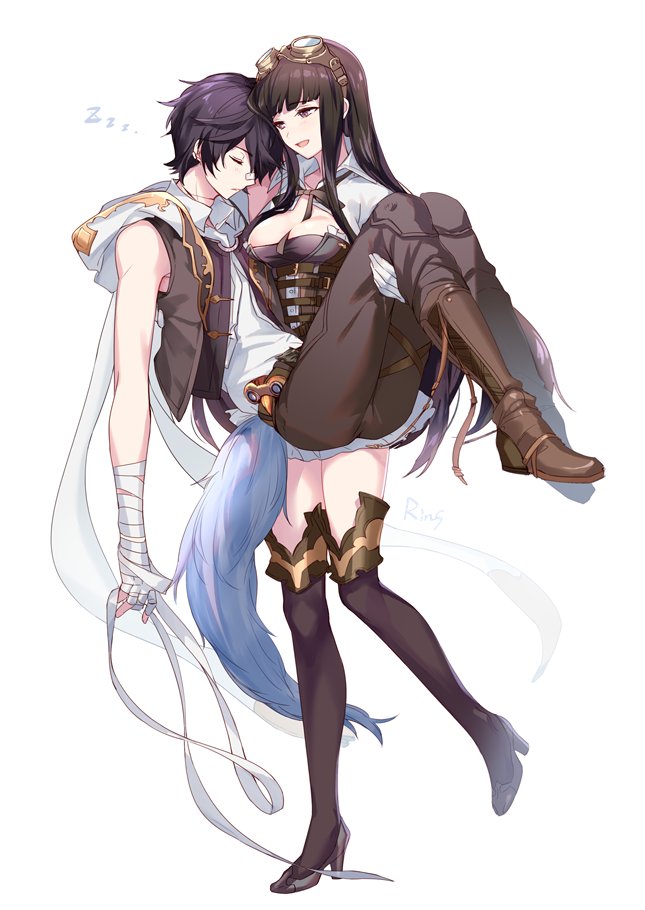 1boy, 1girl, aki663, ayer, bandage, bandaged_arm, bandages, black_hair