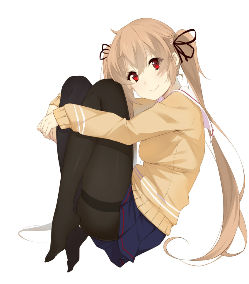 1girl, b3b, black_legwear, black_ribbon, blue_skirt, brown_hair, brown_sweater, full_body