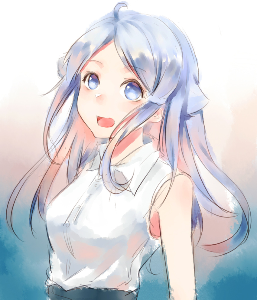 1girl, :d, absurdres, ahoge, blue, blue_hair, dress_shirt, eyebrows_visible_through_hair