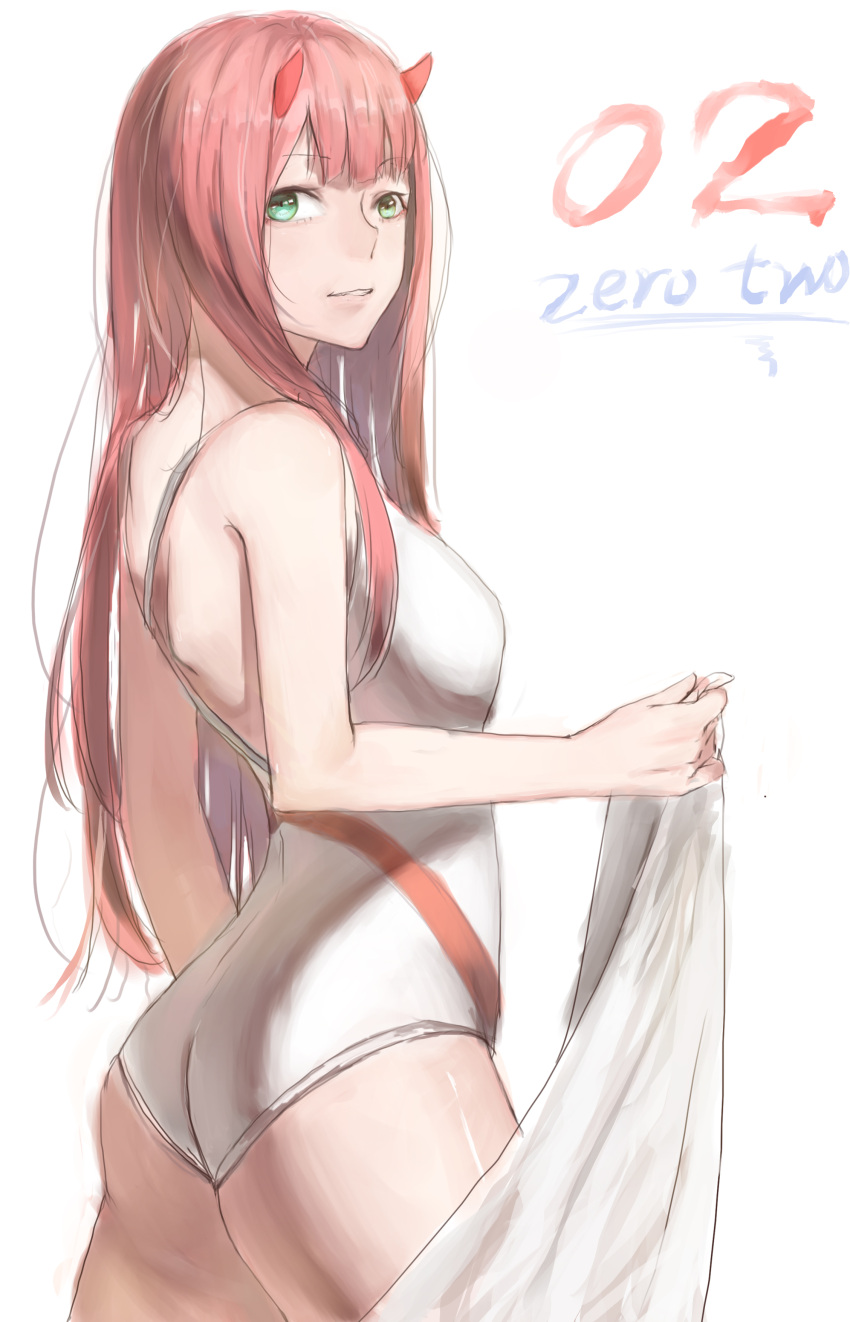 1girl, absurdres, character_name, competition_swimsuit, cowboy_shot, darling_in_the_franxx, eyebrows_visible_through_hair, green_eyes