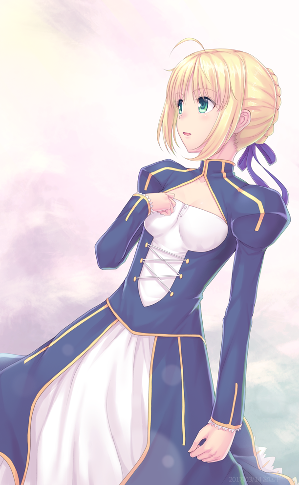 1girl, ahoge, artoria_pendragon_(all), blonde_hair, blue_ribbon, breasts, cleavage, dress