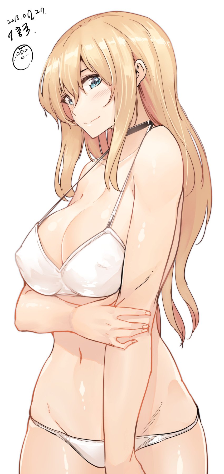 1girl, absurdres, arm_across_waist, bangs, bikini, blonde_hair, blue_eyes, blush
