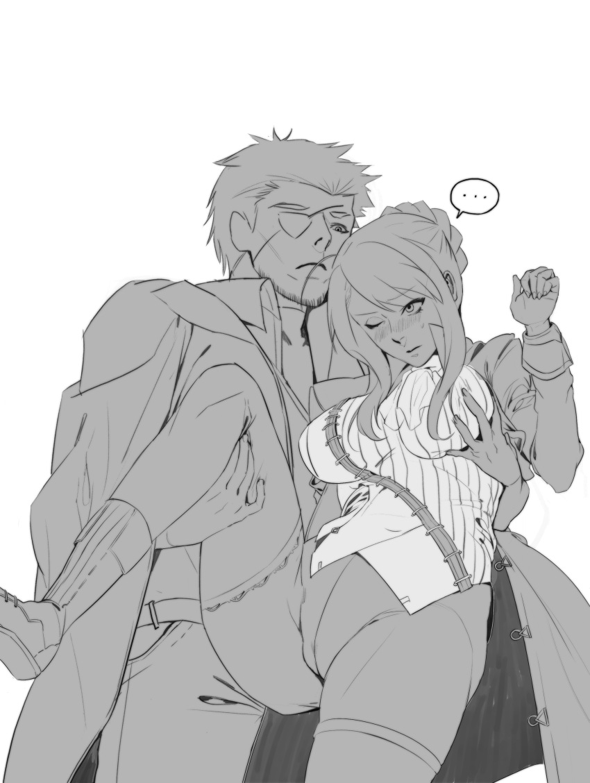 1boy, 1girl, absurdres, blush, braid, breast_grab, breasts, cape, closed_mouth, commander_(girls_frontline), eyebrows_visible_through_hair, eyepatch, facial_hair, french_braid, girls_frontline, grabbing, greyscale, highres, holding, large_breasts, lee-enfield_(girls_frontline), long_hair, monochrome, simple_background, sweat, thigh-highs, uniform, uronte, white_background