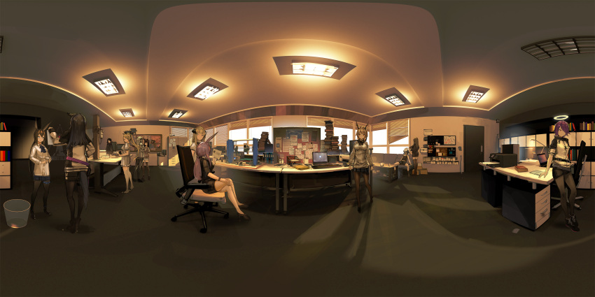 3d_printer, 6+girls, absurdres, animal_ears, arknights, artist_request, book_stack, bookshelf