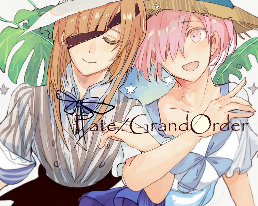 2girls, a_o_ume, alternate_costume, arm_holding, brown_hair, casual, closed_eyes, eyepatch