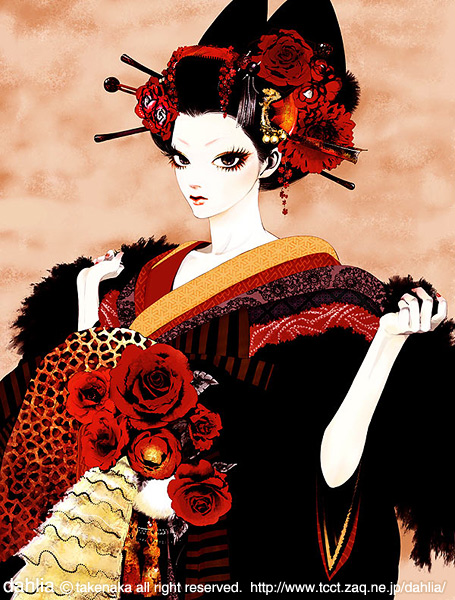flower, frills, geisha, hair_flower, hair_ornament, japanese_clothes, kimono, lipstick