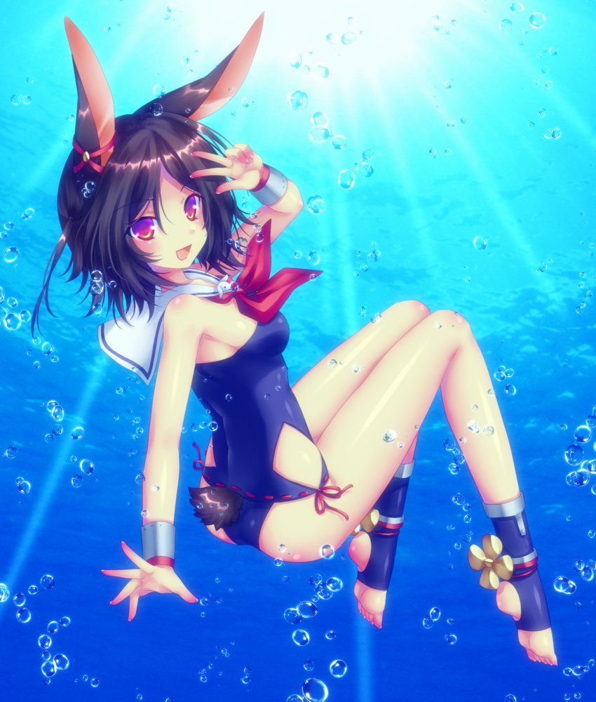 1girl, animal_ears, armpits, azur_lane, bare_legs, brown_hair, bubble, bunny_tail