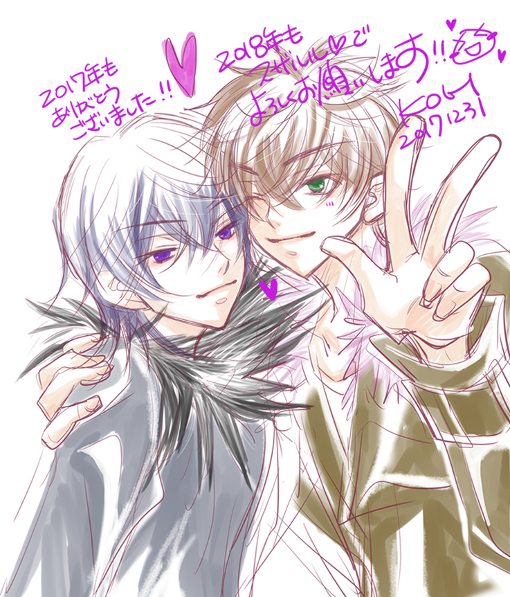 2boys, brown_hair, closed_mouth, code_geass, green_eyes, grey_hair, kou_(suzalulu), kururugi_suzaku