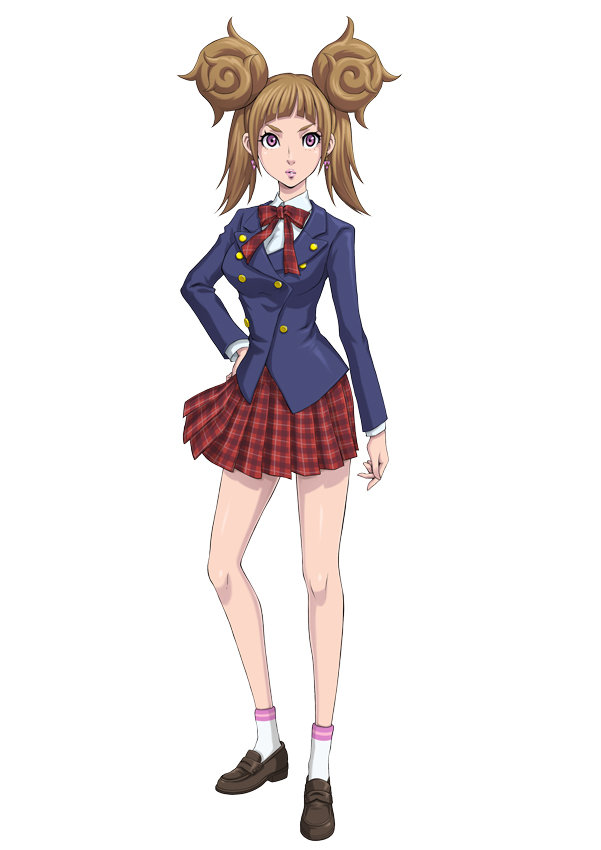 1girl, bow, bowtie, brown_hair, double_bun, earrings, full_body, jewelry, lipstick, makeup, official_art, pink_eyes, pleated_skirt, school_uniform, shin_megami_tensei, shin_megami_tensei:_liberation_dx2, simple_background, skirt, solo, ueda_ririn, white_background