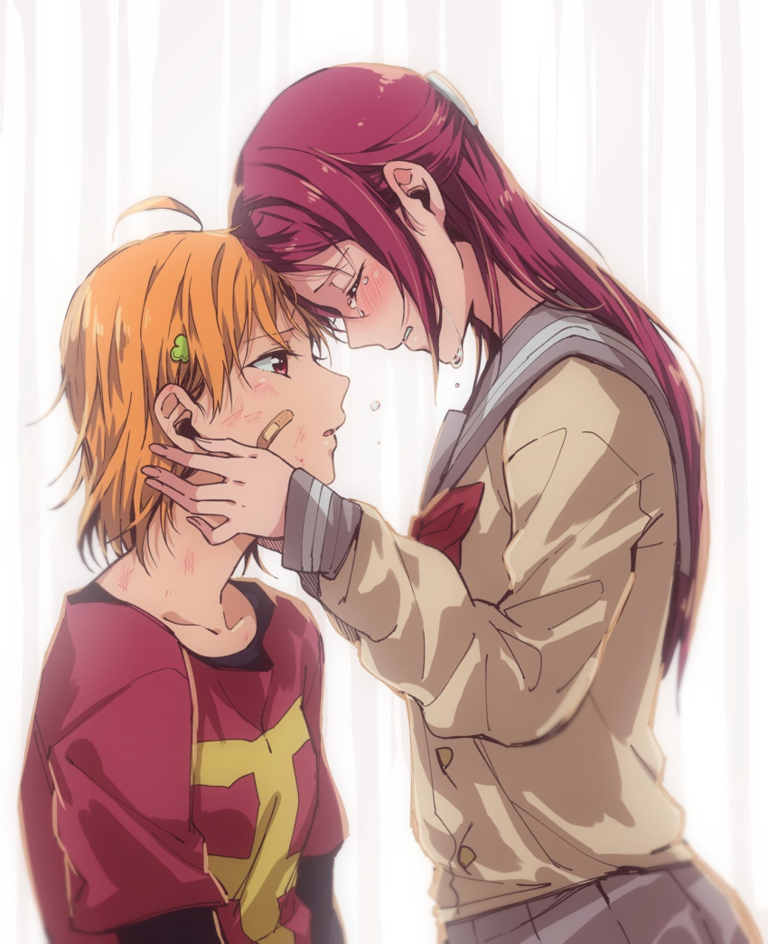 2girls, ahoge, angst, bandaid, bandaid_on_cheek, bandaid_on_face, bangs, bow