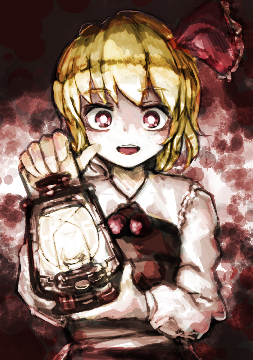 1girl, blonde_hair, eyebrows_visible_through_hair, hair_ribbon, highres, lantern, looking_at_viewer, open_mouth