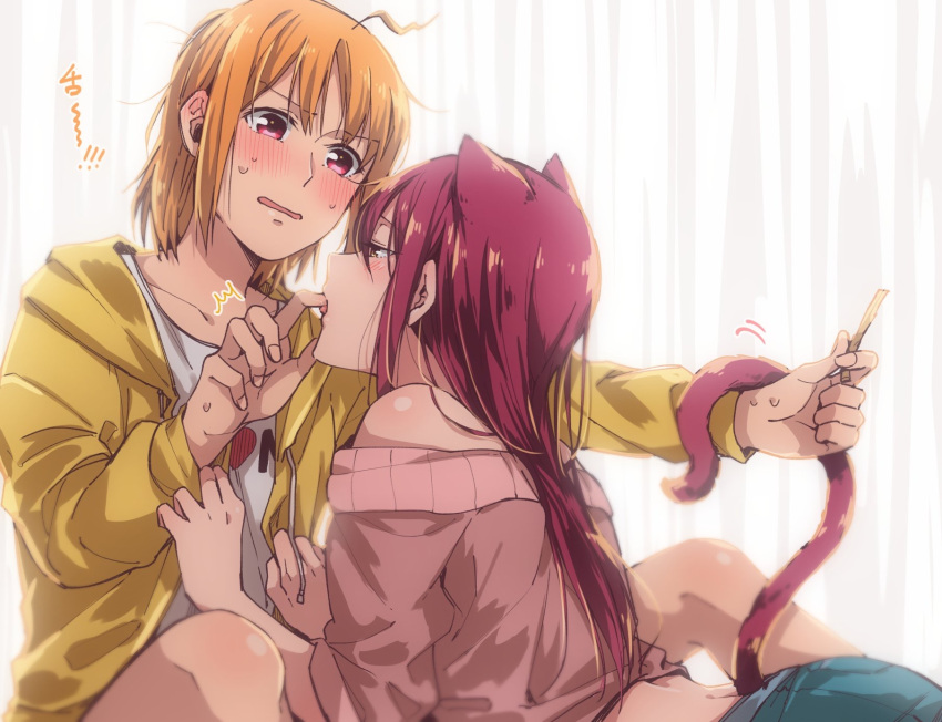 /\/\/\, 2girls, ahoge, animal_ears, bangs, between_legs, blush, cat_ears