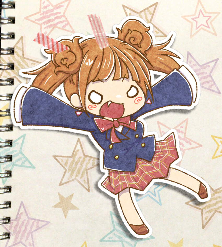 1girl, blush, bow, bowtie, brown_hair, chibi, double_bun, fang, hamuya_kuzunoha., highres, open_mouth, sailor_collar, school_uniform, shin_megami_tensei, shin_megami_tensei:_liberation_dx2, solo, star, teeth, ueda_ririn