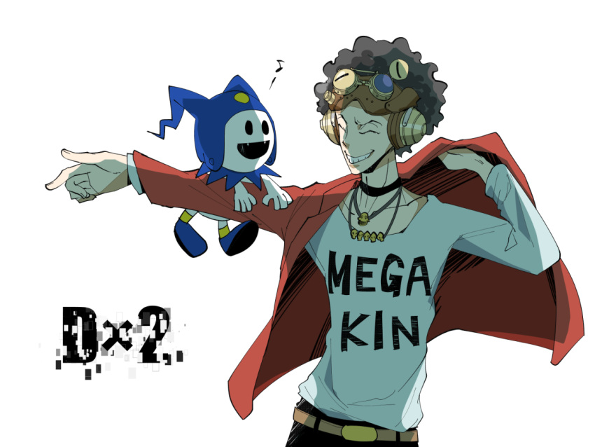 1boy, afro, brown_hair, closed_eyes, copyright_name, curly_hair, fangs, fuse_tarou