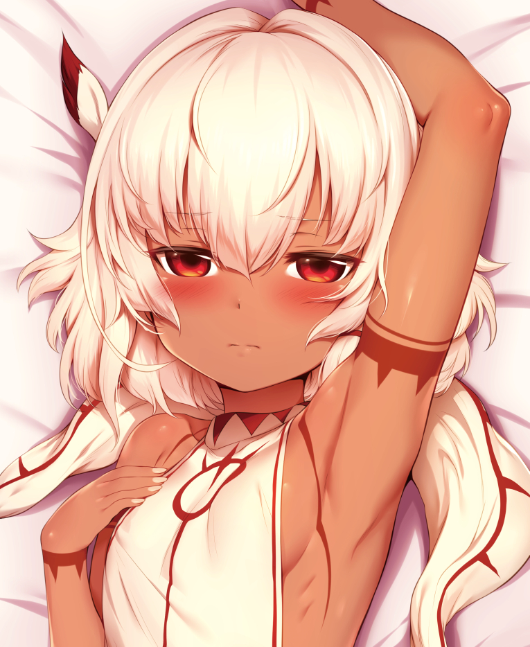 1girl, arm_up, armpits, bed_sheet, blush, breasts, close-up, dakimakura