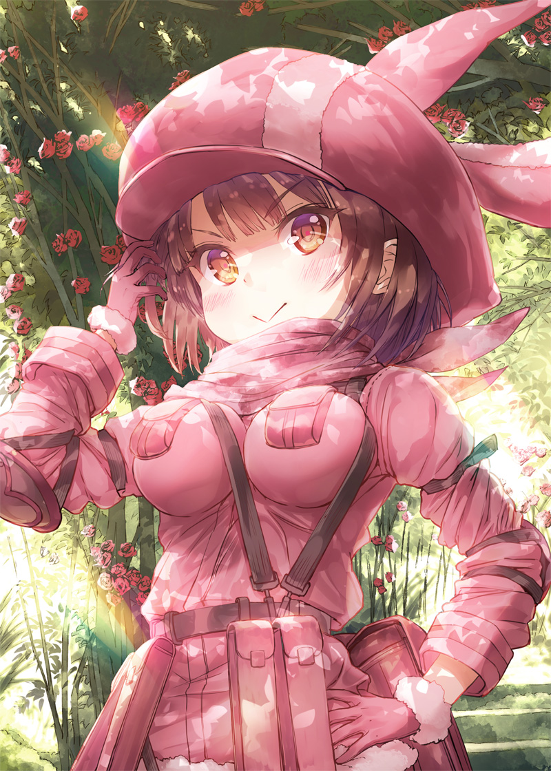 1girl, :>, animal_ears, animal_hat, arm_up, bandanna, blush, breasts