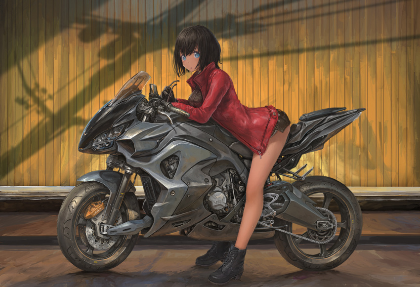 1girl, :o, bangs, bent_over, black_footwear, black_hair, blue_eyes, boots