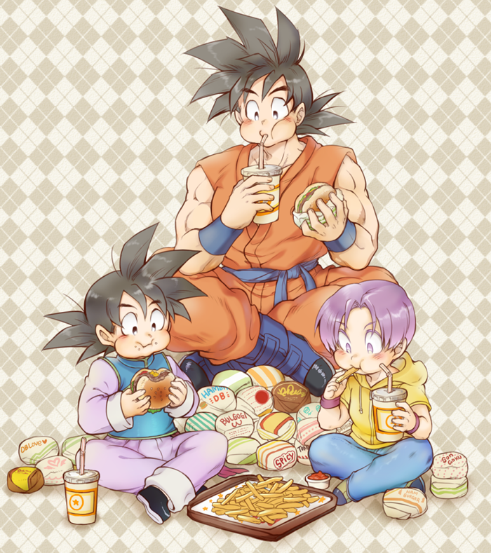 3boys, ayo_(isy8800), belt, black_eyes, black_hair, chinese_clothes, cup, denim