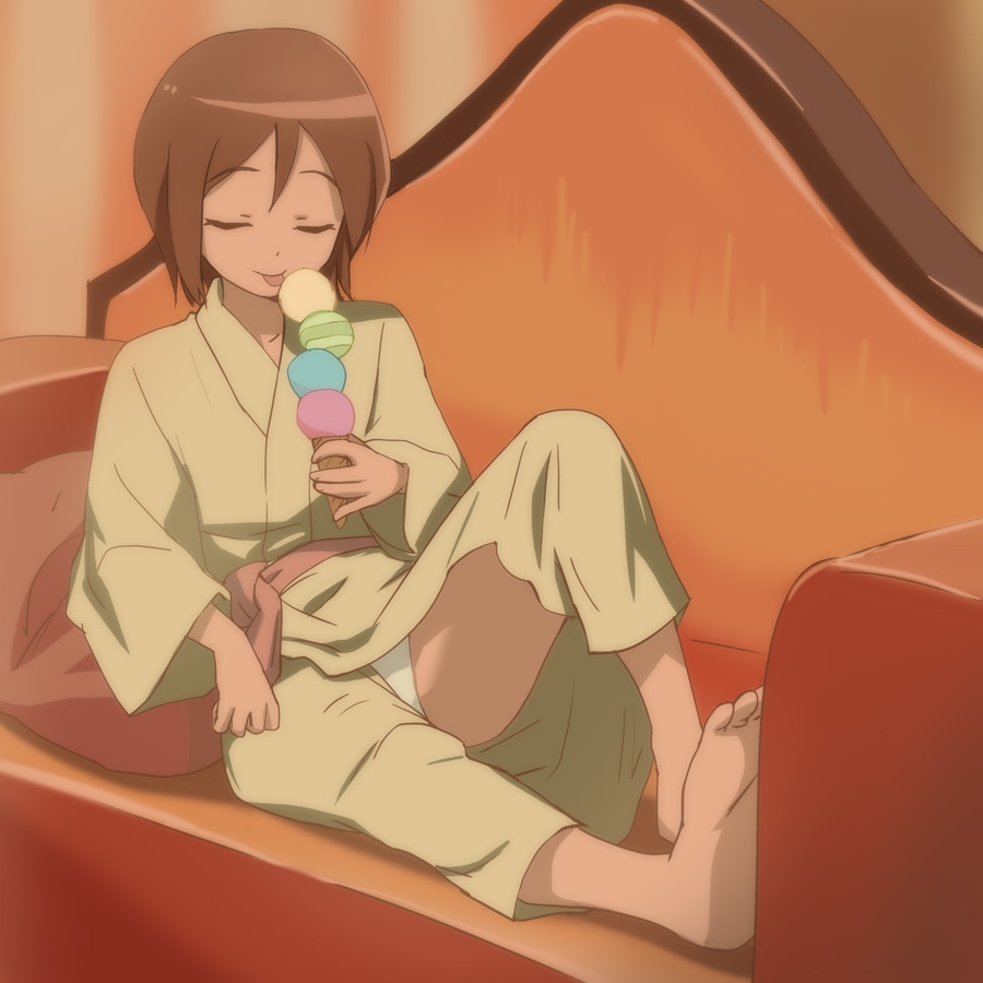 1girl, barefoot, brown_hair, character_request, closed_eyes, couch, eyebrows_visible_through_hair, food