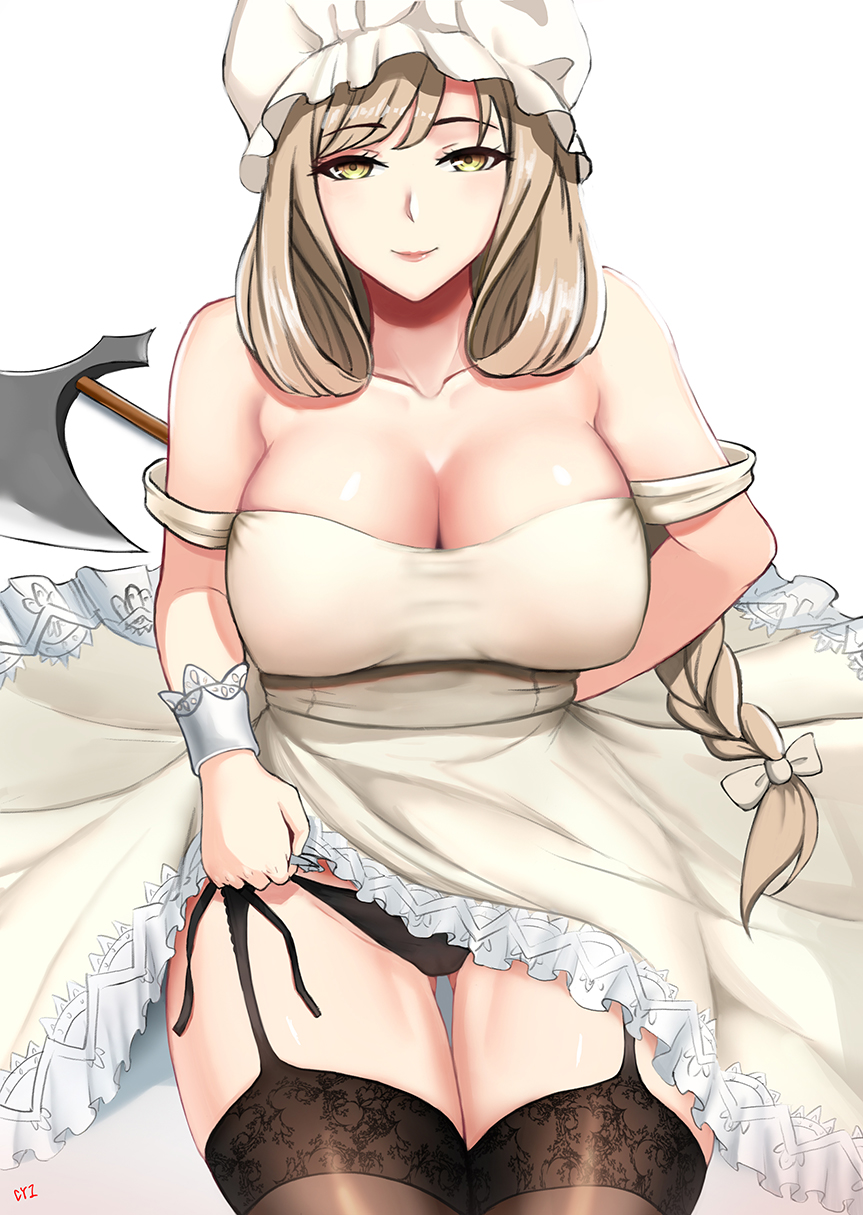 1girl, bangs, bare_shoulders, black_panties, bow, braid, breasts, cleavage