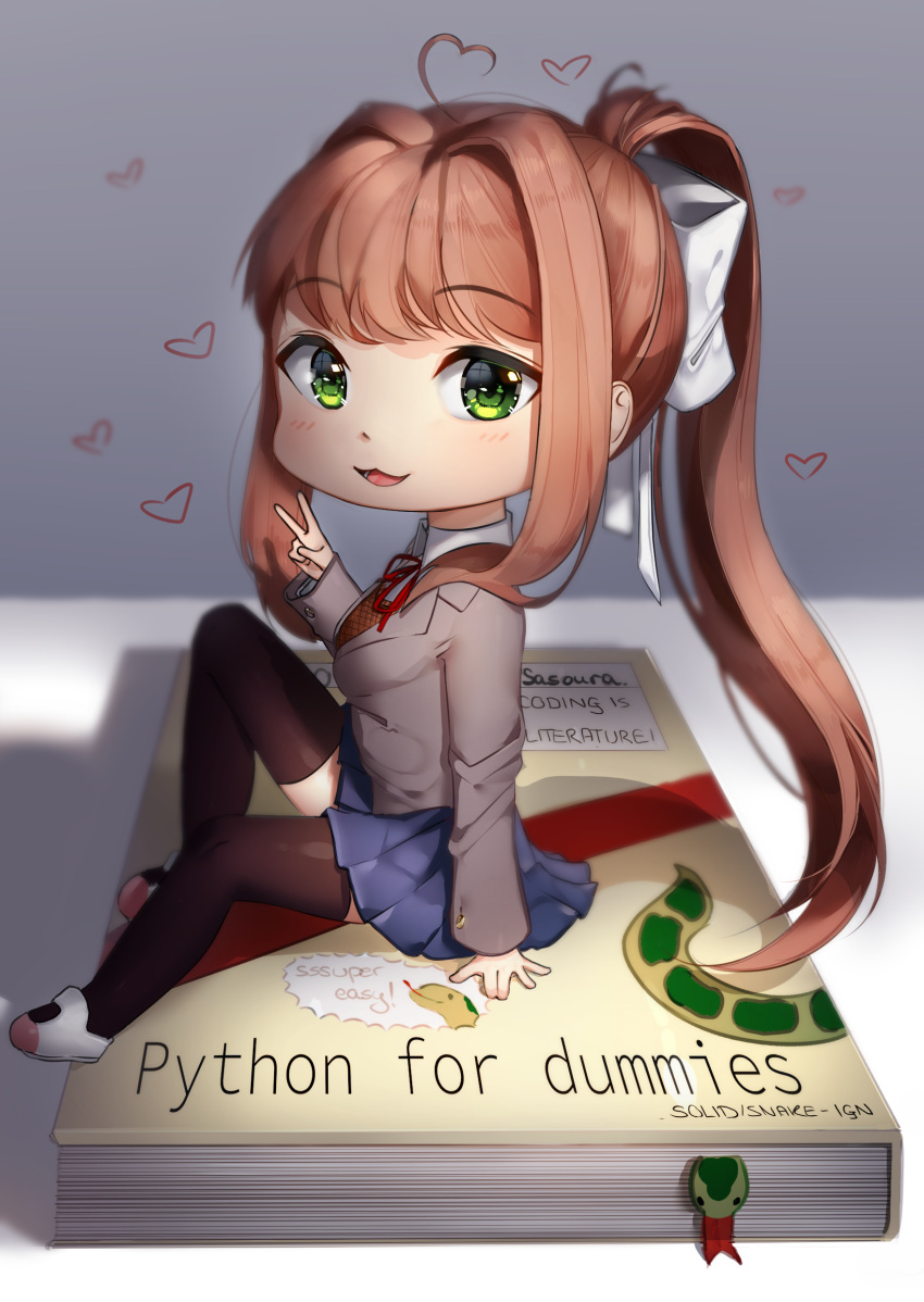 1girl, :3, :d, absurdres, ahoge, artist_name, black_legwear, blue_skirt, book, bookmark, brown_hair, chibi, commentary, doki_doki_literature_club, english, english_commentary, eyebrows_visible_through_hair, green_eyes, hair_ribbon, heart, heart_ahoge, highres, long_hair, looking_at_viewer, monika_(doki_doki_literature_club), open_mouth, ponytail, python_(programming_language), ribbon, sasoura, school_uniform, sitting, skirt, smile, solo, thigh-highs, v, very_long_hair, white_ribbon