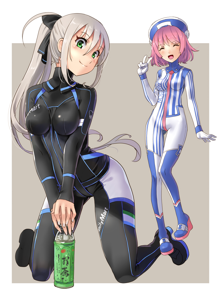 2girls, adapted_costume, black_bodysuit, blue_hat, bodysuit, bottle, closed_eyes, employee_uniform