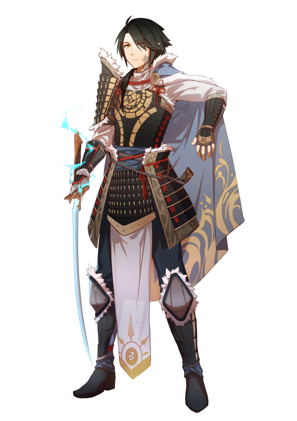 1boy, 1girl, 3four, ahoge, armor, black_footwear, black_hair, bracer, commission, dungeons_and_dragons, eyes_visible_through_hair, faulds, grey_cape, hair_over_one_eye, hand_up, holding, holding_sword, holding_weapon, japanese_armor, katana, knee_pads, kusazuri, looking_at_viewer, one_eye_covered, original, pelvic_curtain, scabbard, sheath, simple_background, solo, standing, sword, weapon, white_background