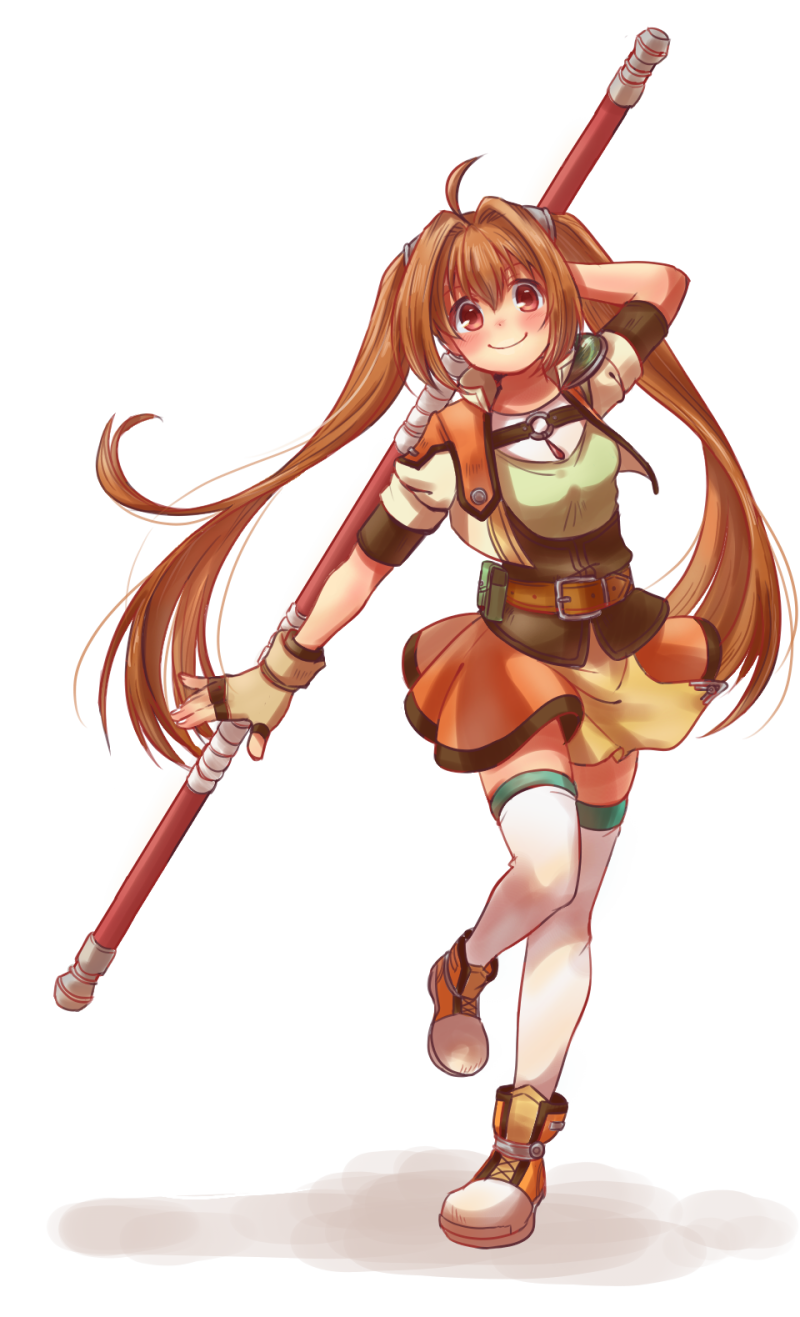 1girl, ahoge, aoi824725, belt, breasts, brown_hair, cross-laced_footwear, eiyuu_densetsu, estelle_bright, fingerless_gloves, full_body, gloves, highres, jacket, jewelry, long_hair, looking_at_viewer, medium_breasts, miniskirt, pendant, red_eyes, shirt, shoes, short_sleeves, simple_background, skirt, smile, solo, sora_no_kiseki, staff, thigh-highs, twintails, white_background, white_legwear, zettai_ryouiki
