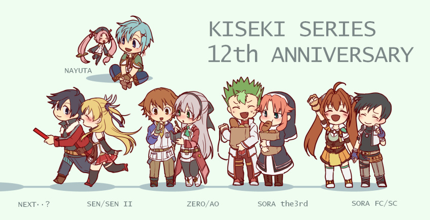 5boys, 5girls, ahoge, alisa_reinford, anniversary, ao_no_kiseki, aoi824725, aqua_background