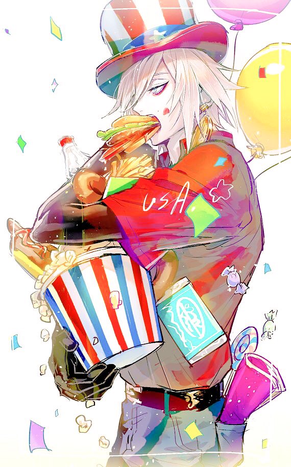 1boy, american_flag_hat, balloon, belt, candy, confetti, denim, doughnut