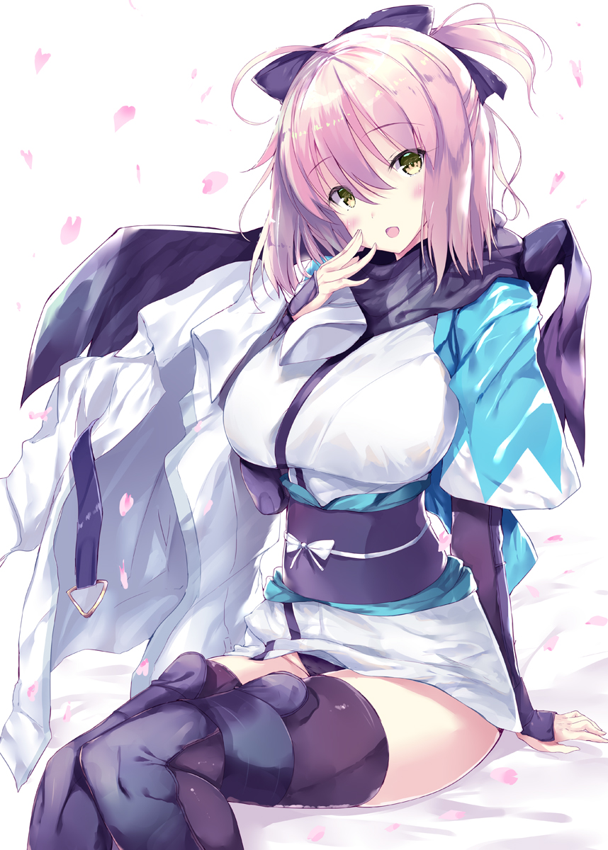 1girl, ahoge, alternate_breast_size, black_bow, black_legwear, black_panties, black_scarf, blush