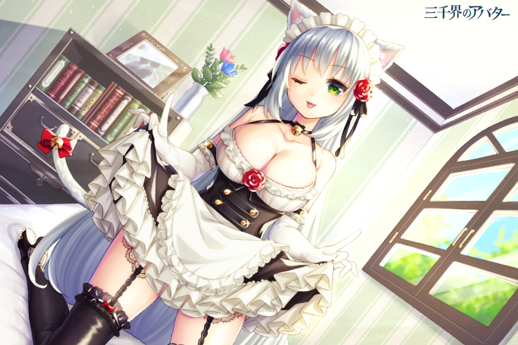 1girl, :d, animal_ears, bare_shoulders, bell, black_legwear, bookshelf, breasts