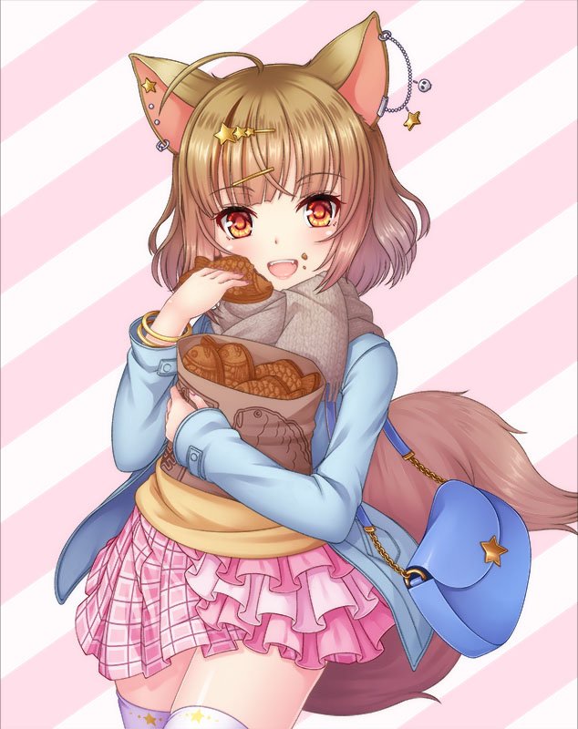 :d, animal_ears, asymmetrical_clothes, bag, bracelet, brown_hair, ear_piercing, eating