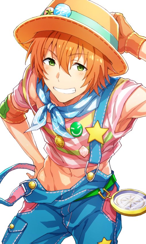 1boy, abs, badge, bandanna, button_badge, compass, cowboy_shot, crop_top