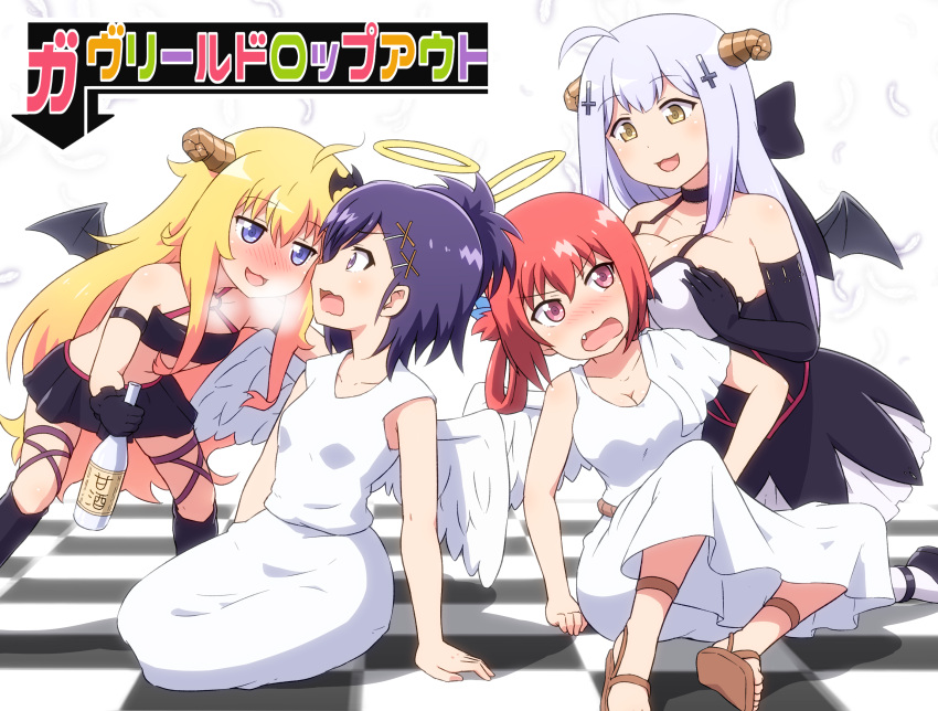 4girls, :3, :d, ahoge, angel, angel_and_devil, angel_wings, bangs