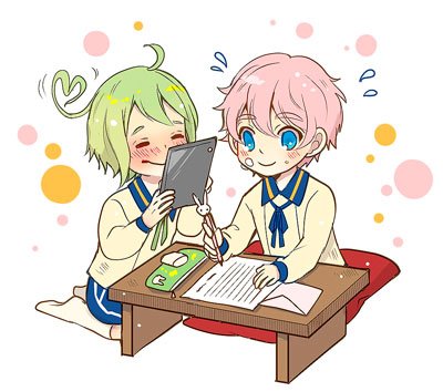 2boys, ahoge, akita_toushirou, closed_eyes, envelope, fujimaru_mirai, green_hair, lowres, male_focus, mouri_toushirou, multiple_boys, paper, pillow, pink_hair, polka_dot, reading, socks, touken_ranbu, uniform, writing