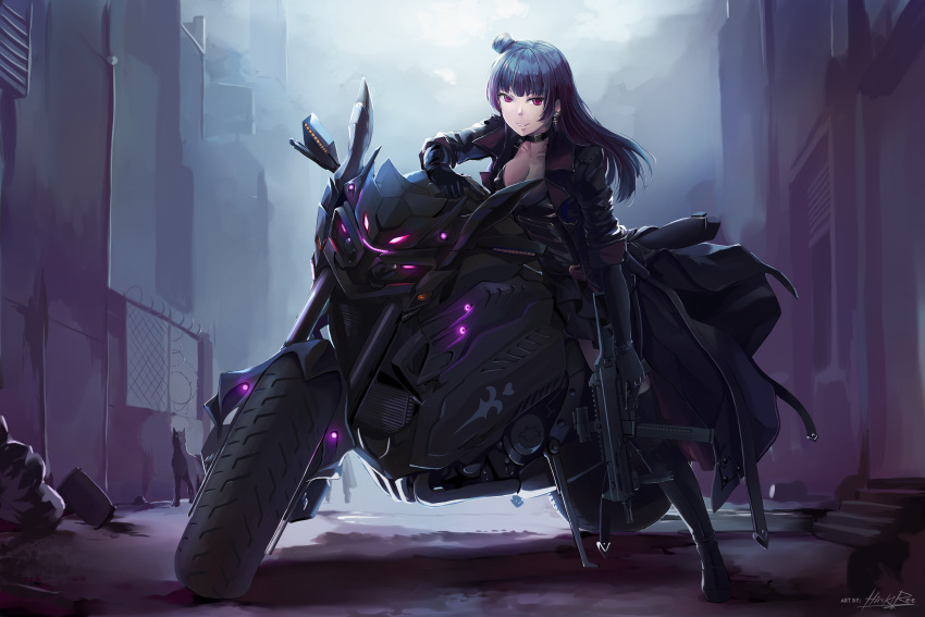 1girl, absurdres, alternate_costume, bangs, biker_clothes, black_footwear, black_gloves, black_jacket, black_pants, blue_hair, blush, boots, breasts, choker, cleavage, clouds, cloudy_sky, collarbone, dog, dual_wielding, earrings, eyebrows_visible_through_hair, gloves, ground_vehicle, gun, h&amp;k_ump, h&amp;k_ump45, hair_bun, handgun, heckler_&amp;_koch, highres, hiroki_ree, holding, holding_gun, holding_weapon, huge_filesize, jacket, jewelry, knee_boots, large_breasts, leg_support, long_hair, looking_at_viewer, love_live!, love_live!_school_idol_project, love_live!_sunshine!!, motor_vehicle, motorcycle, open_clothes, open_jacket, outdoors, pants, parted_lips, pistol, side_bun, sidelocks, signature, sitting_on_motorcycle, sky, sleeves_folded_up, smile, solo, submachine_gun, tsushima_yoshiko, violet_eyes, weapon
