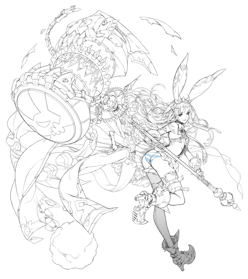 1girl, absurdres, ahoge, animal_ears, armored_boots, ass, asymmetrical_legwear, back-seamed_legwear