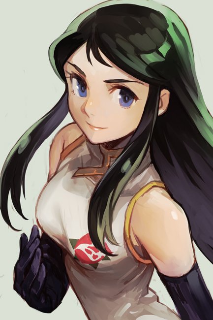 1girl, black_dress, black_gloves, black_hair, blue_eyes, breasts, china_dress, chinese_clothes, dress, elbow_gloves, floral_print, flower, giant_robo, ginrei_(giant_robo), gloves, green_hair, grey_background, hankuri, long_hair, looking_at_viewer, mackintosh_rose, rose, rose_print, simple_background, sleeveless, small_breasts, smile, solo, upper_body