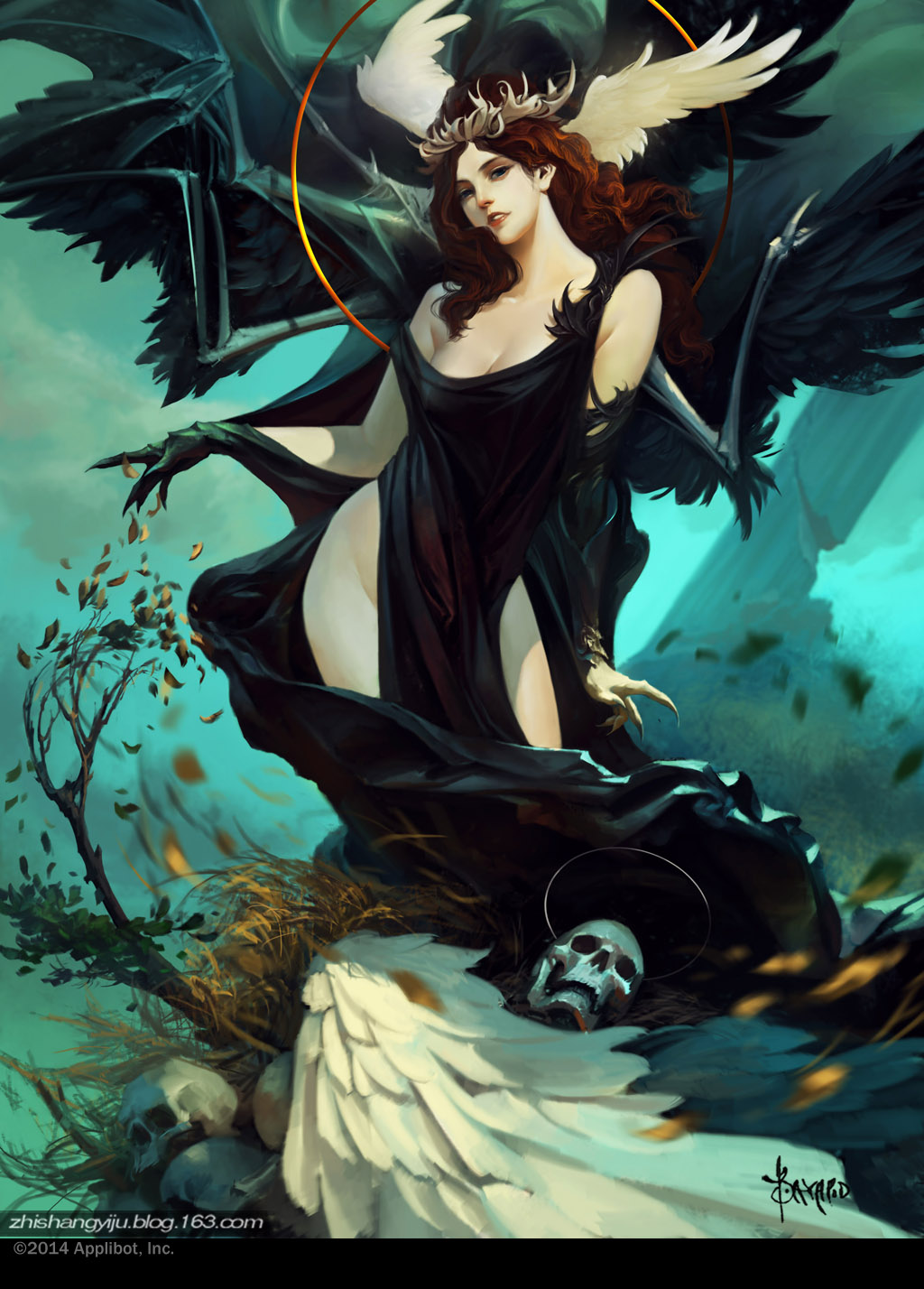 1girl, angel, artist_name, bayard_wu, blue_eyes, breasts, circlet, cleavage, curly_hair, feathered_wings, grass, highres, leaf, legend_of_the_cryptids, long_hair, official_art, open_mouth, orange_hair, skull, solo, teeth, tree, watermark, web_address, wings