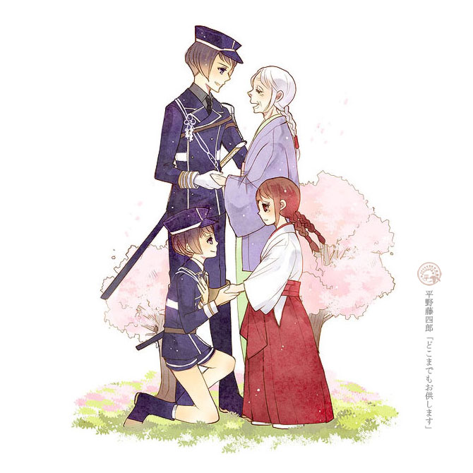 1boy, 1girl, age_comparison, bob_cut, boots, brown_hair, cherry_blossoms, closed_eyes