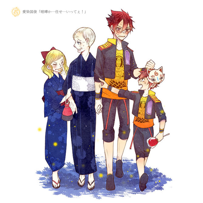 2boys, 2girls, :p, aizen_kunitoshi, barefoot_sandals, blonde_hair, blush, candy_apple