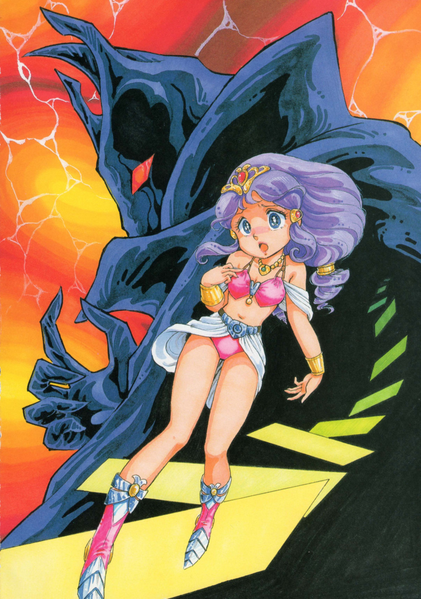 1boy, 1girl, 80s, absurdres, armored_boots, bikini, boots, bracelet