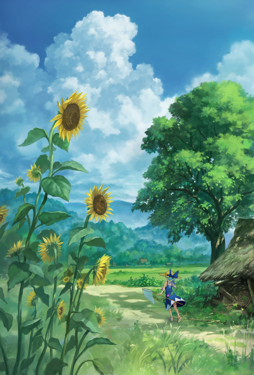 1girl, absurdres, architecture, bare_arms, bare_shoulders, blue_dress, blue_hair, blue_ribbon