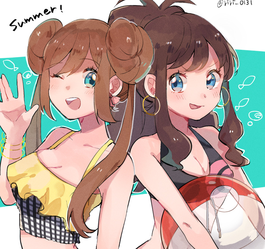 2girls, :d, ;d, alternate_costume, antenna_hair, back-to-back, bangle, bangs