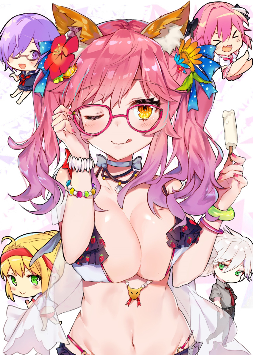 >_<, 2boys, 3girls, :>, :d, :q, absurdres, ahoge, animal_ears, astolfo_(fate), bikini, blush, bracelet, breast_squeeze, breasts, chibi, choker, collared_shirt, commentary_request, eyebrows_visible_through_hair, fate/grand_order, fate_(series), fingernails, flower, food, fox_ears, gradient_hair, green_eyes, grey_shirt, hair_between_eyes, hair_flower, hair_ornament, hairband, highres, jewelry, karna_(fate), large_breasts, looking_at_viewer, mash_kyrielight, multicolored_hair, multiple_boys, multiple_girls, nail_polish, nanakagura, navel, neckerchief, necklace, necktie, nero_claudius_(fate), nero_claudius_(fate)_(all), olympian_bloomers, one_eye_closed, open_mouth, orange_eyes, pink_hair, pink_skirt, pleated_skirt, popsicle, purple_hair, red-framed_eyewear, red_flower, red_nails, red_neckwear, school_uniform, serafuku, shell_necklace, shirt, short_sleeves, skirt, smile, solo_focus, streaked_hair, swimsuit, tamamo_(fate)_(all), tamamo_no_mae_(fate), tongue, tongue_out, twintails, violet_eyes, white_bikini, white_hair, white_shirt, wing_collar