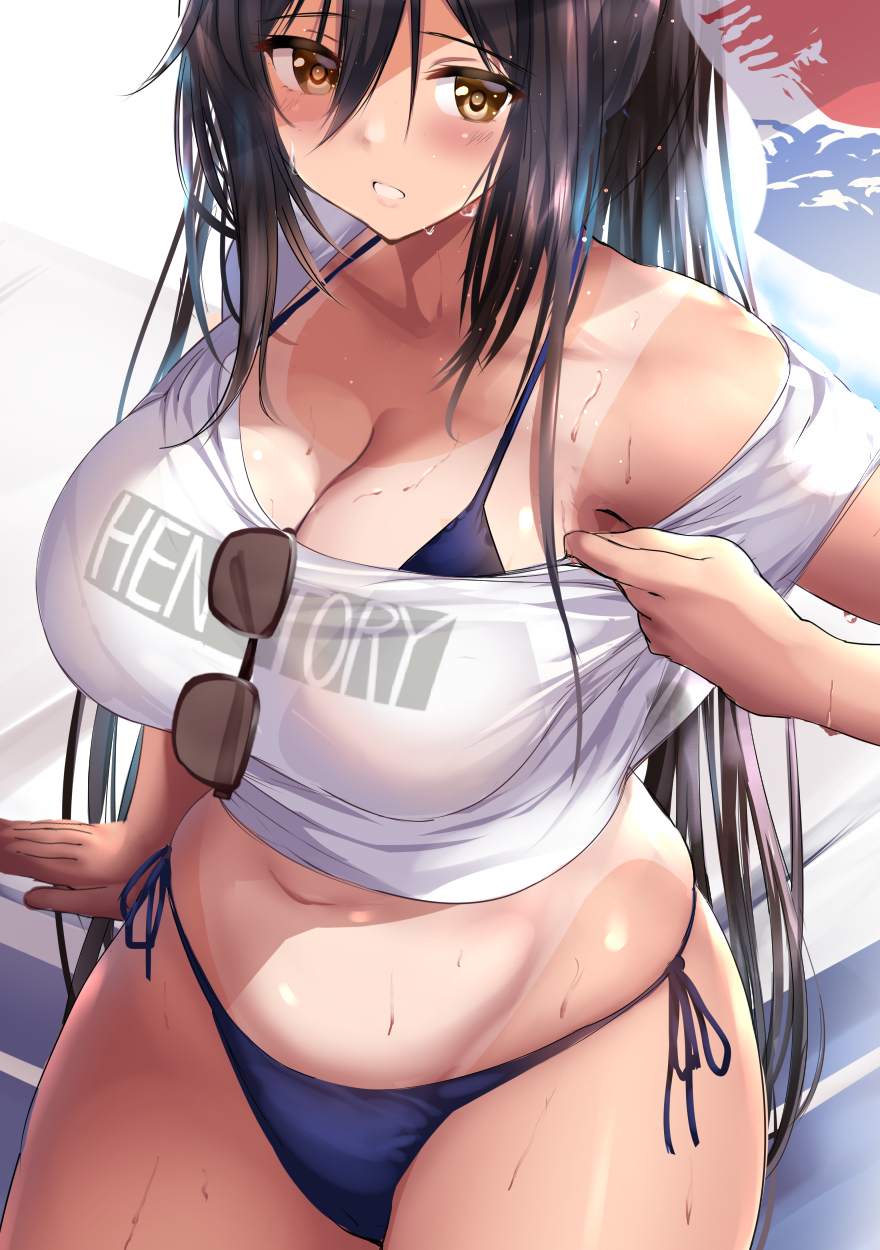 1girl, arm_at_side, bikini, black_hair, blue_bikini, breasts, brown_eyes, cleavage