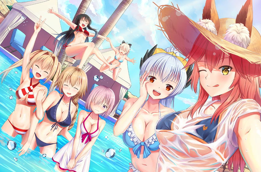 6+girls, ahoge, animal_ears, aqua_hair, bead_bracelet, beads, bikini, bikini_under_clothes